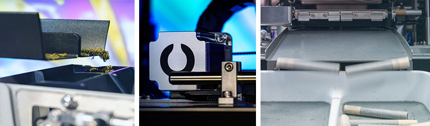 close-up shots of the blackbird machine that rolls cannabis joints