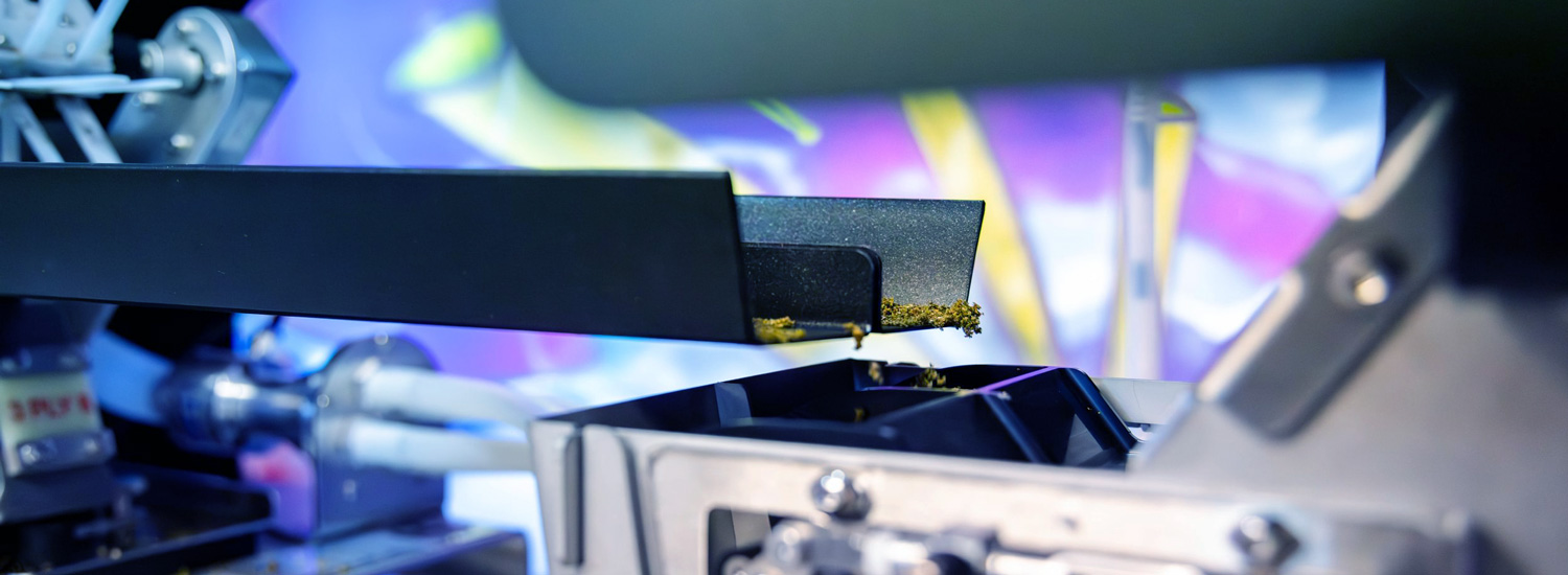 The Role of Automation in Modern Production An automated machine dispenses freshly rolled joints down a metal slide into a divided white tray, showcasing modern cannabis production.