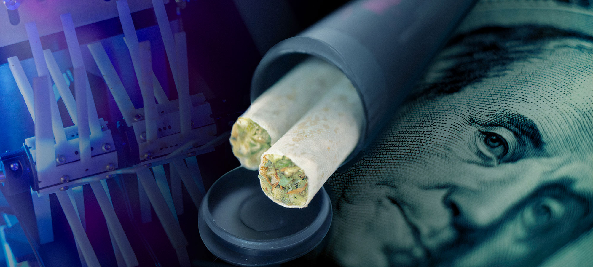 The Role of Automation in Modern Production A composite image showing a close-up of two pre-roll joints in a container, a $100 bill, and automated machinery components under blue light.