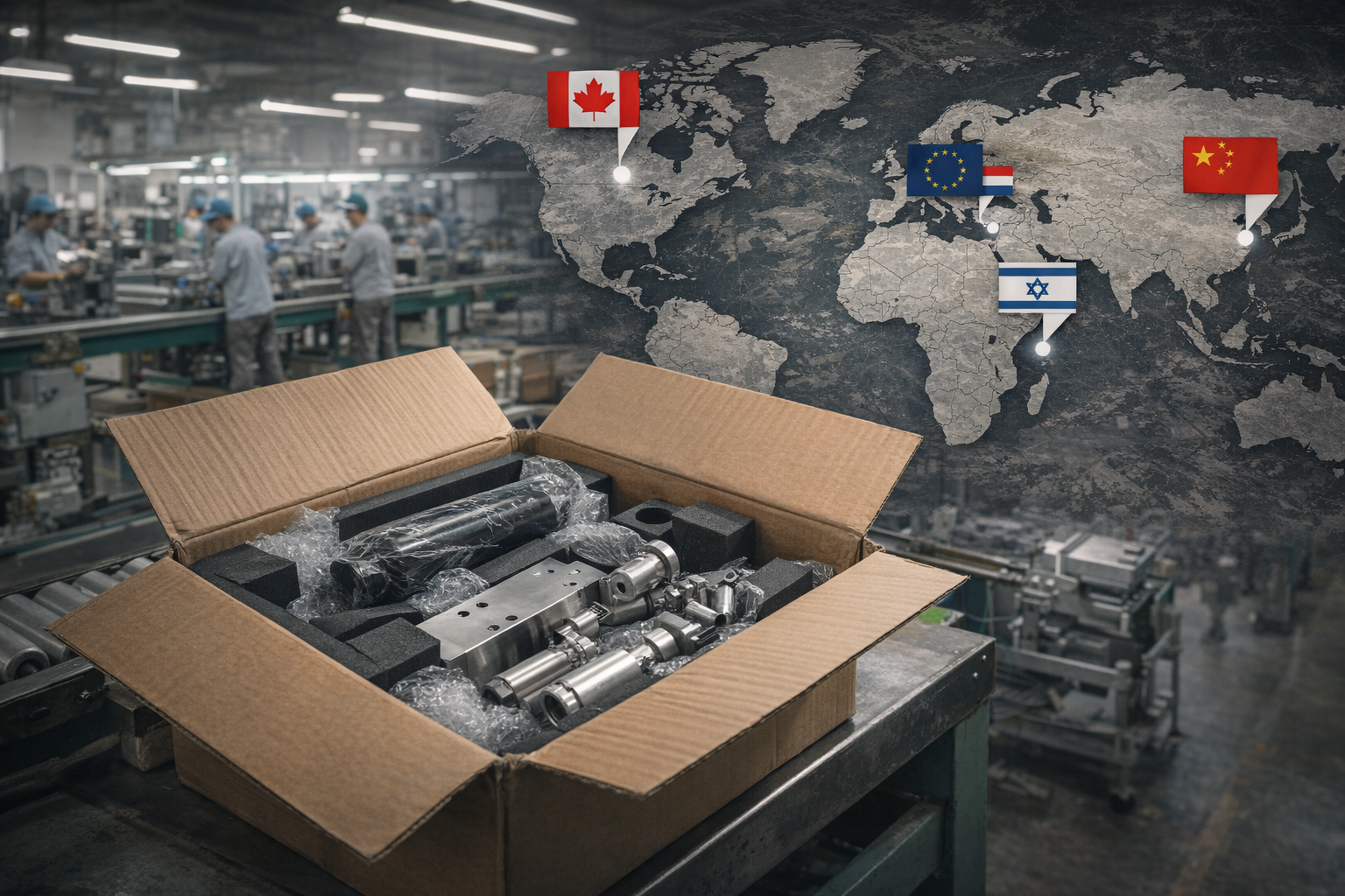 Where Are Pre-Roll Machines Made? World map showing international logistics for pre-roll machine parts and global distribution.