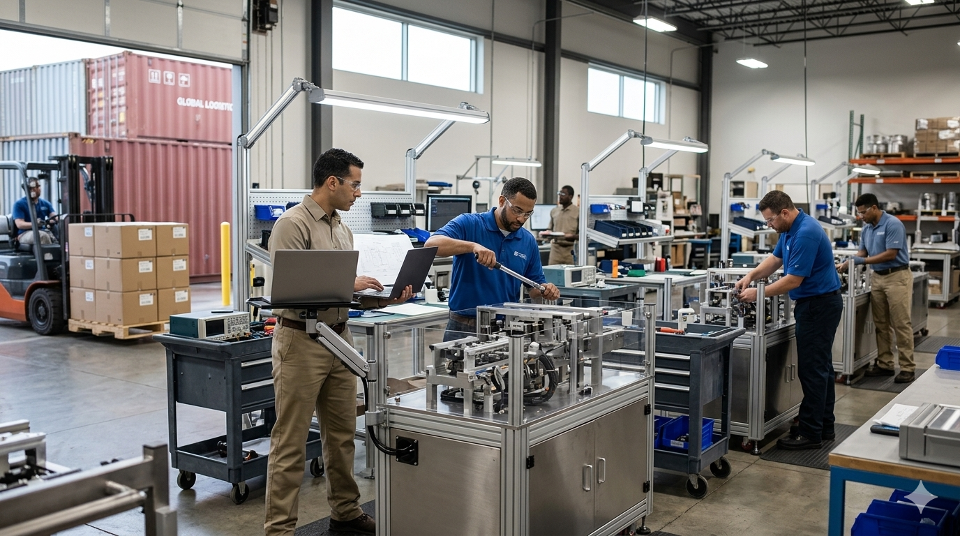 Where Are Pre-Roll Machines Made? U.S. engineers calibrating and assembling a pre-roll machine in a clean, modern manufacturing facility.