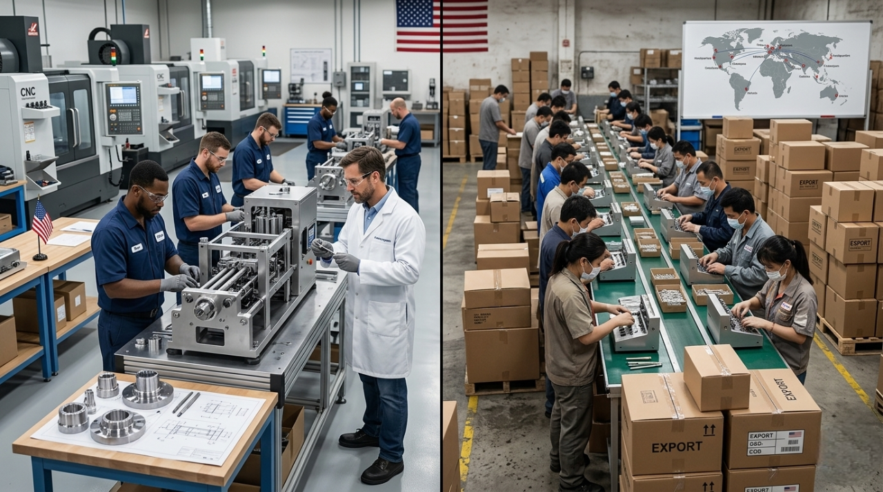 Where Are Pre-Roll Machines Made? Side-by-side comparison of a specialized U.S. engineering lab versus an international mass-production assembly line for pre-roll machinery.