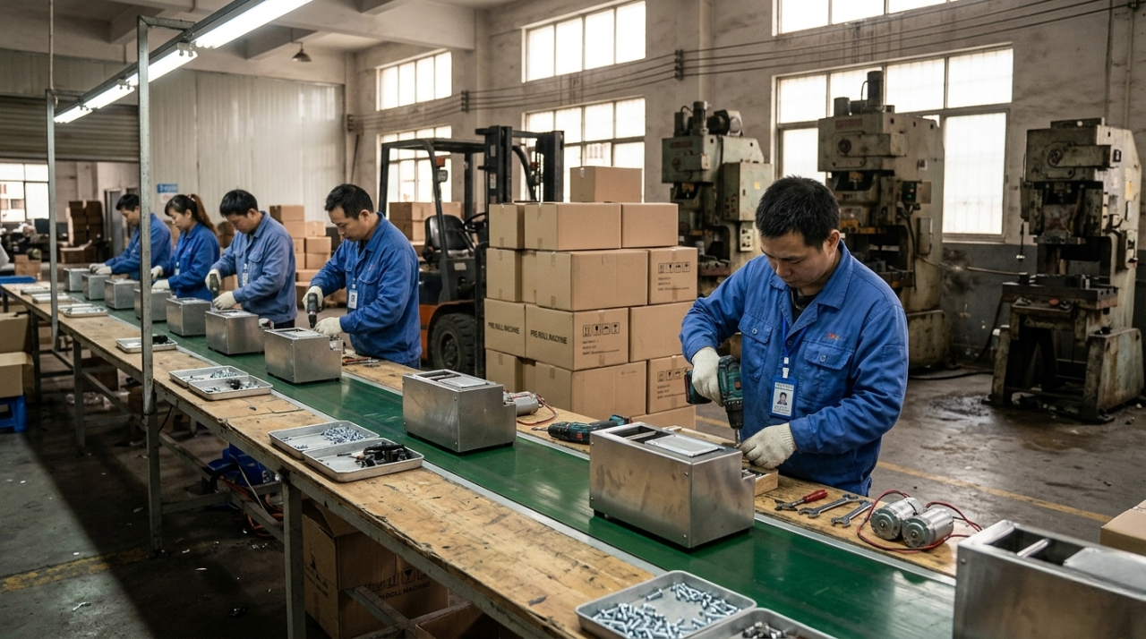 Where Are Pre-Roll Machines Made? International factory assembly line showing workers manual assembling pre-roll machine components for global distribution.