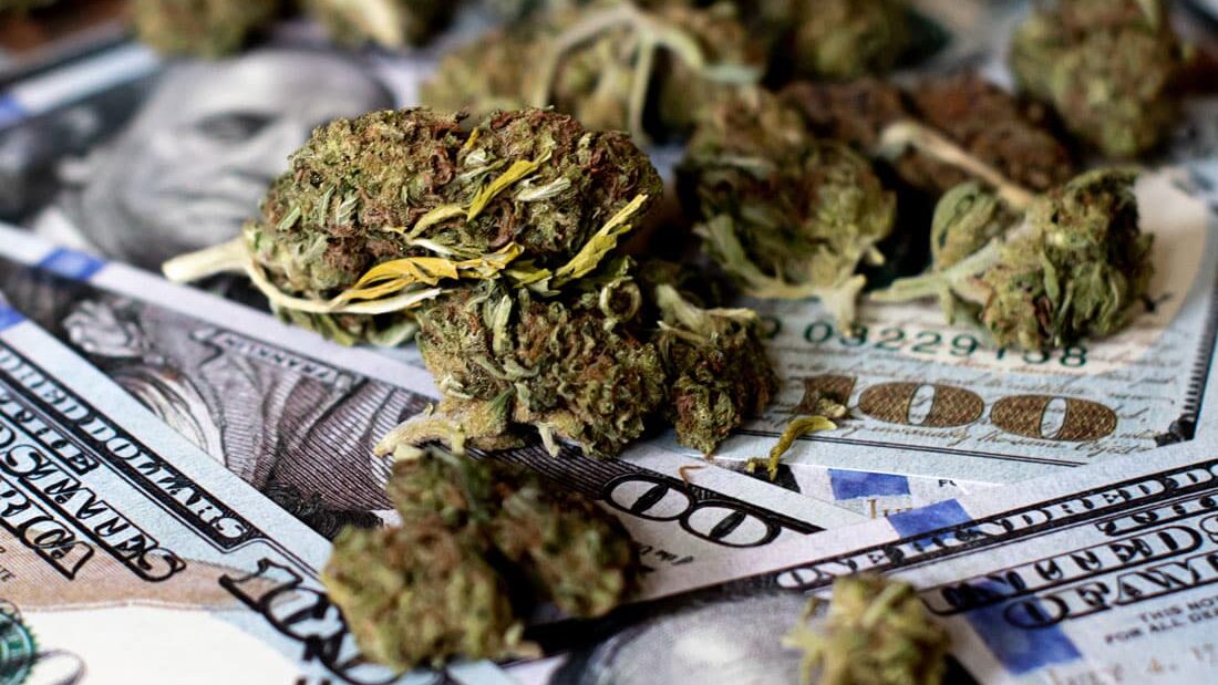 How to Reduce Waste in Cannabis Production Cannabis flower on top of dollar bills